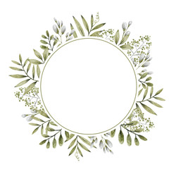 green and gray leaves branches and flowers, freehand drawing in pencil illustration, round frame template for design and logo of the invitation wedding, background