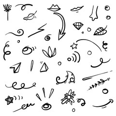 Abstract arrows, ribbons and other elements in hand drawn style for concept design. Doodle illustration. Vector template for decoration with line art style vector