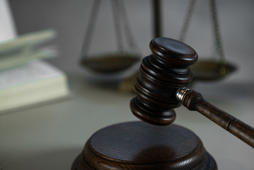 Judge mallet with law books and scales of justice. concept of justice, legal, jurisprudence. 