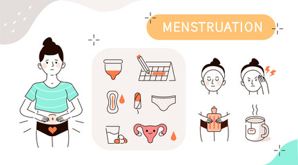  Woman Menstruation Cycle Elements Collection. Gynecological hygiene Products. Pad, Menstrual cup, Tampons. Feminine Hygiene for Period. Hand Drawn Cartoon Vector Illustration and Icons Set.