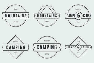 Camping outdoor logo set. Adventure travel logos. Retro camp vectors.