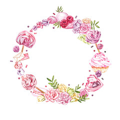 Watercolor image of a wreath of sweets, candies in the shape of hearts, chocolates, cakes and envelope, Valentine's Day. Perfect for cards, prints, invitations, birthday cards.