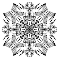 Mirror pattern, repeating lines. Star, flower or snowflake. Children coloring, drawing. Black and white snowflake.