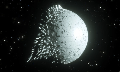 3d render of abstract old planet in process of explosion on black background