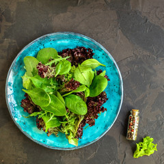 Healthy salad, leaves mix (mix micro greens, arugula, onion, other ingredients). food background. copy space