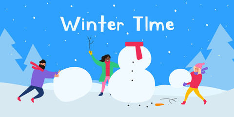 Fototapeta na wymiar people build a snowman in park winter time vector illustration