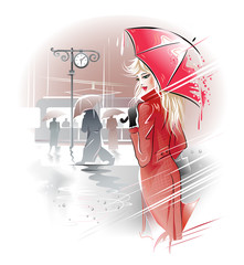 Lady in red. blonde girl under an red umbrella in the rain is waiting the bus. Vector illustration.