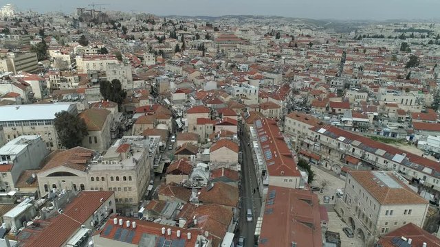 Aerial footage of Mea Shearim neighborhood in the heart of Jerusalem, israel