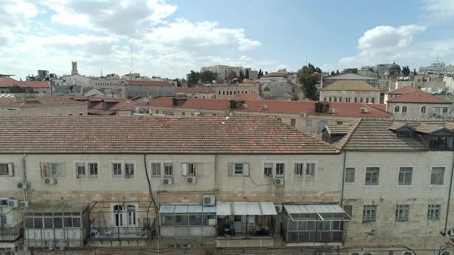 Aerial footage of Mea Shearim neighborhood in the heart of Jerusalem, israel