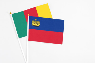 Liechtenstein and Cameroon stick flags on white background. High quality fabric, miniature national flag. Peaceful global concept.White floor for copy space.