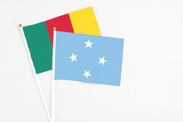 Micronesia and Cameroon stick flags on white background. High quality fabric, miniature national flag. Peaceful global concept.White floor for copy space.