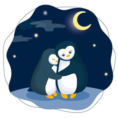 Vector illustration of hugging penguins at night time with stars and moon. Cute animals together greeting card for Valentine's Day or Love congratulation