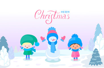 Fototapeta premium Winter Scene with happy children playing outside making snowmen, having fun. Vector illustration of kids winter activities
