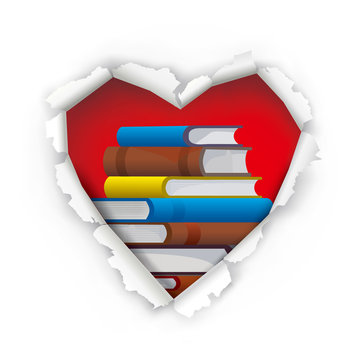  We Love Books, Sign Concept. Torn Paper Red Heart With Books. Isolated On White Background. Vector Available. 