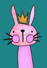 hand drawn cute cartoon illustration of rabbit with crown for apparel