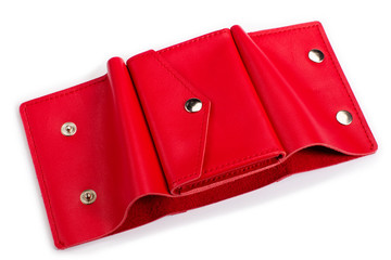 Open red leather wallet on a white background