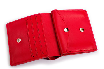 Open red leather wallet on a white background