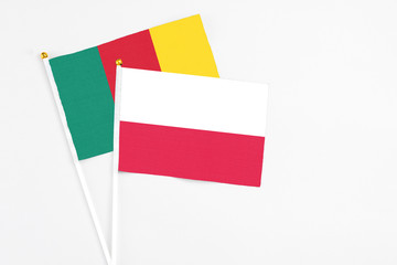 Poland and Cameroon stick flags on white background. High quality fabric, miniature national flag. Peaceful global concept.White floor for copy space.