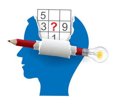  Male head with sudoku and smart Pencil with bulb. Stylized male head silhouettes of sudoku player.  Vector available.