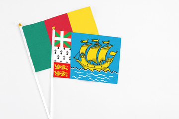 Saint Pierre And Miquelon and Cameroon stick flags on white background. High quality fabric, miniature national flag. Peaceful global concept.White floor for copy space.
