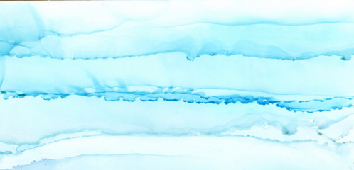 Abstract blue paint blots background. Alcohol ink colors. Marble texture. Horizontal banner.