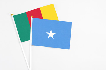 Somalia and Cameroon stick flags on white background. High quality fabric, miniature national flag. Peaceful global concept.White floor for copy space.