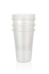 Few plastic cups closeup isolated on white background
