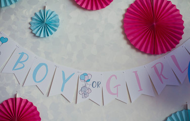 Gender reveal party, pink and blue decorations