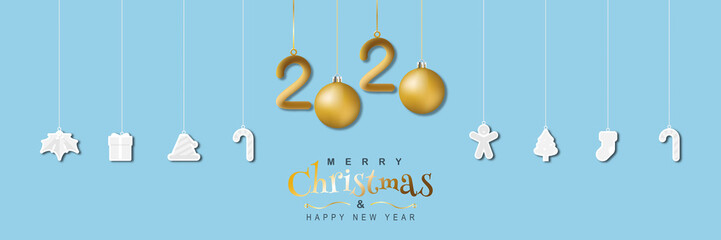 Merry Christmas holiday blue background design, decoration with paper cut hanging