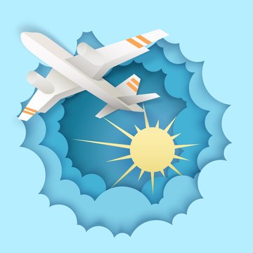 Airplane flying in the sky, vector illustration in paper art style