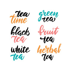Tea time set for prints and posters, menu design, invitation and cards. Text with different types of tea. Brush Calligraphic and typographic collection. Vector illustration with hand-drawn lettering.