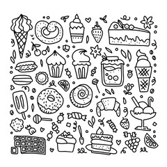Vector illustration of sweeties in outlines. Cake, macaroons, croissant, donuts, ice cream. Tasty illustration. Coloring page. Illustration for coloring book.