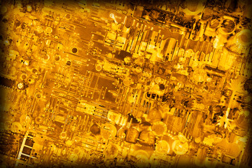 Circuit Board Monochrome Gold Colored Vignette Background