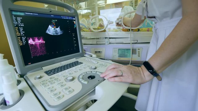 Female doctor is doing ultrasound of a newborn baby