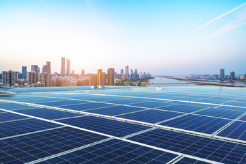 Photovoltaic and modern urban night scenes, Beijing, China.