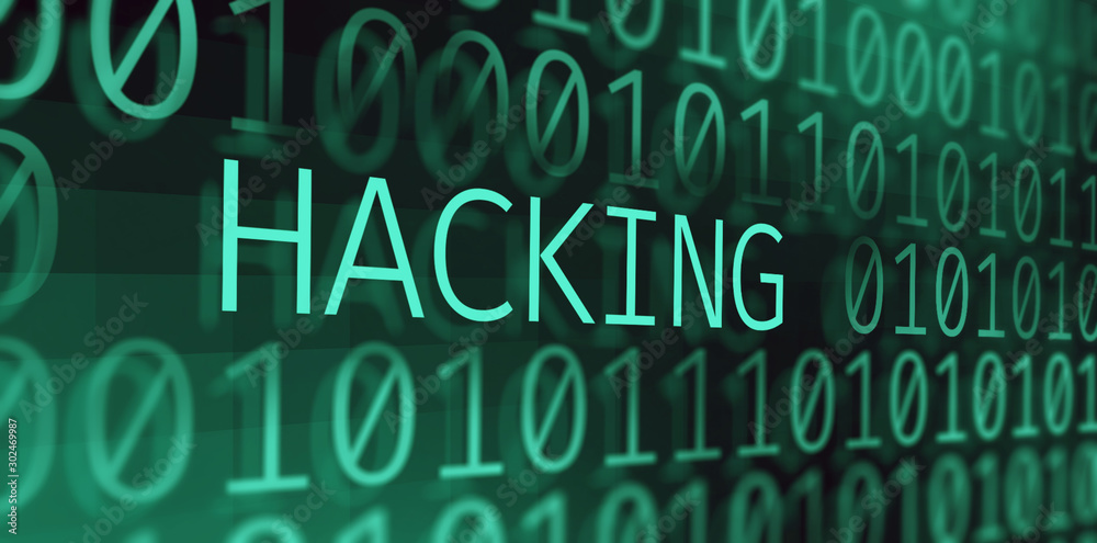 Leinwandbilder Inscription hacking over 3d green binary code digits stream