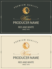 Set of two vector labels for red and white wine with golden sun, moon and calligraphic inscriptions in retro style