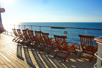 Empty deck chairs on Luxurious transatlantic crossing aboard the luxury ocean liner cruise ship...