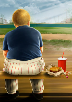 Digital illustration of an overweight boy in a baseball uniform eating fast food on a bench