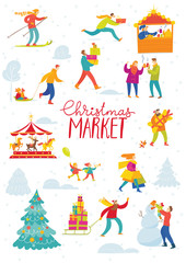 Vector Christmas winter market design for holiday with shopping and active people