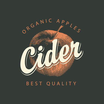 Vector label for Apple cider with a realistic image of an apple and calligraphic inscription on a black background in retro style