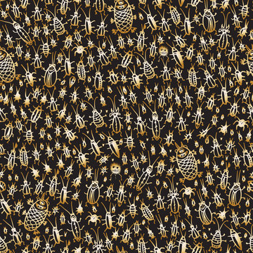 Vector doodle seamless pattern. Hand drawn sketch. Pop art, comic strip style print. Golden Insects, cockroach, beetle, bug, spider silhouette, black background. Halloween party decoration, wallpaper