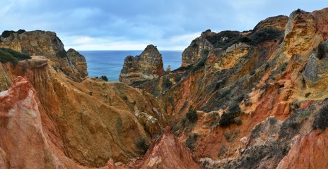 Rocky beach in Lagos - Portugal on a cloudy day 31.Oct.2019