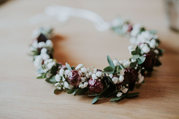 flower wreath on table