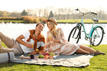 Happy young couple having picnic near lake on sunny day