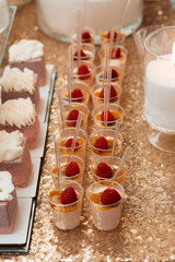 Different fruit desserts with fruits in glasses on the table. Restaurant presentation, food, party concept. Luxury table in restaurant. Party reception, decorated in restaurant. Candy bar