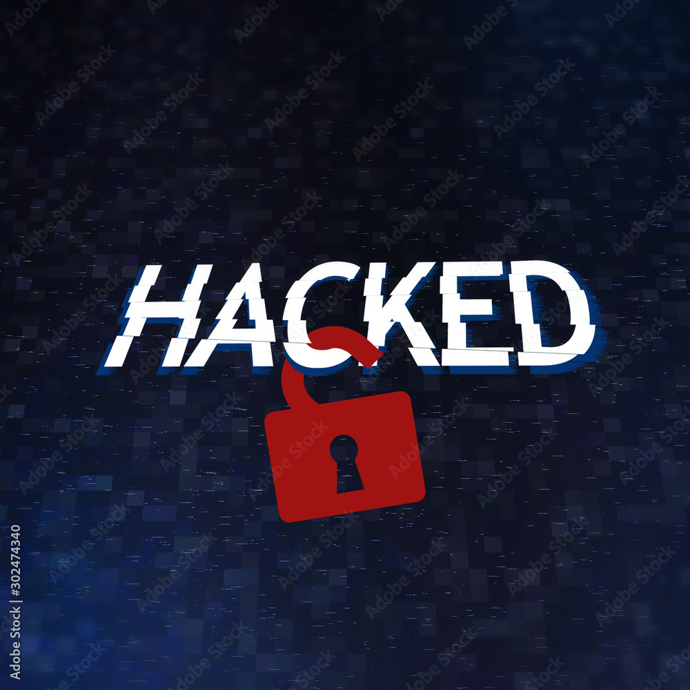 Poster red open padlock hanging on word hacked on pixelated background