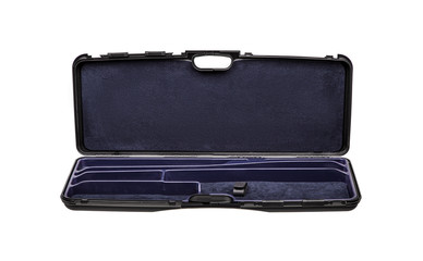 Open black plastic case with foam inside. Weapon case isolate on white background.