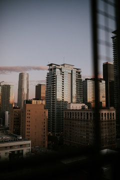 High-rise buildings at dusk