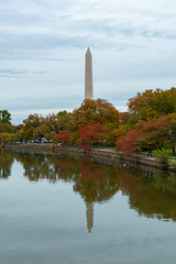 The Washington Monument in Washington D.C. with Colorful Autumn Trees Reflected in the Tidal Basin
